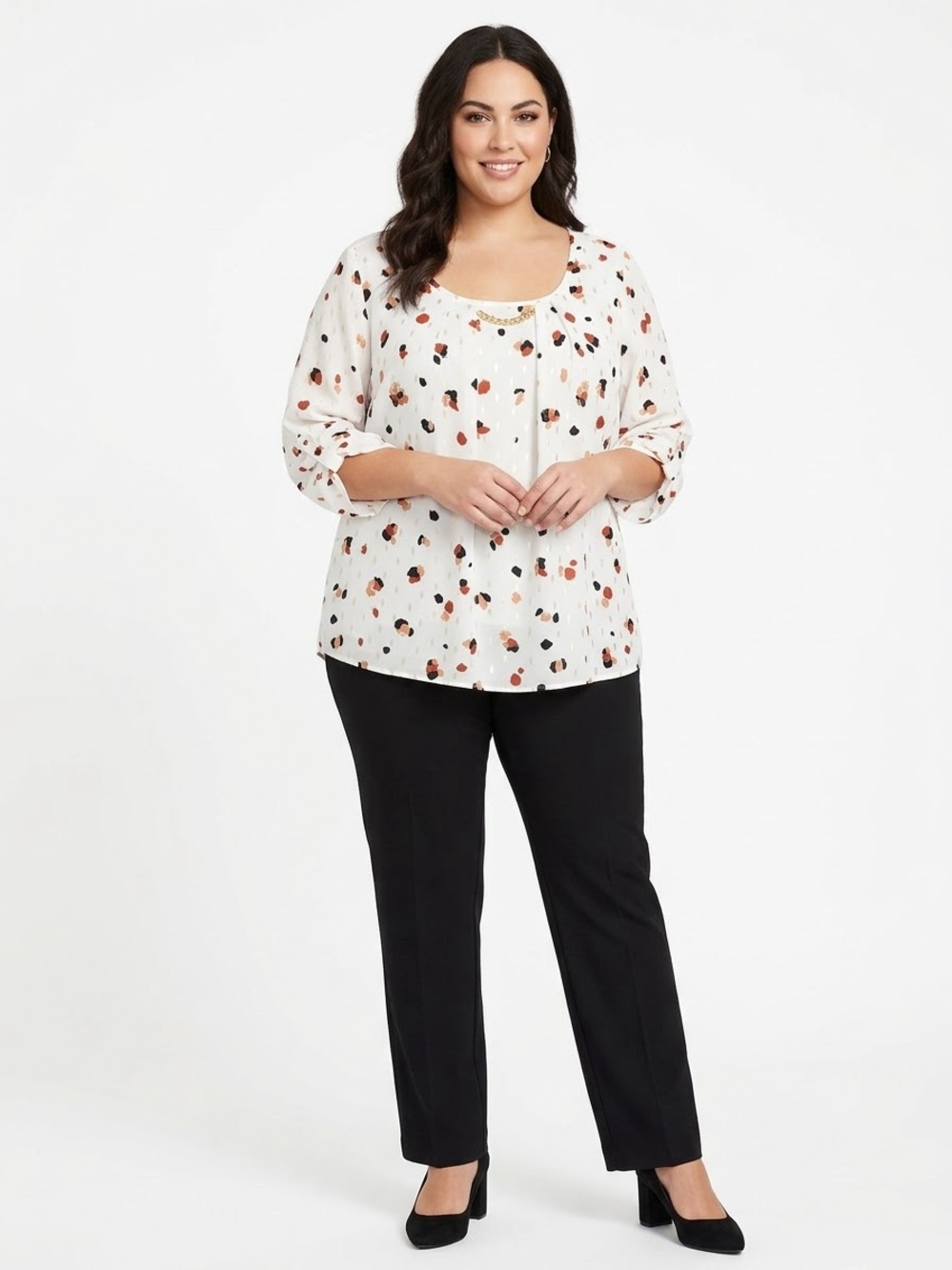 Sara Michelle White Blouse with Red, Black & Orange Floral Spots